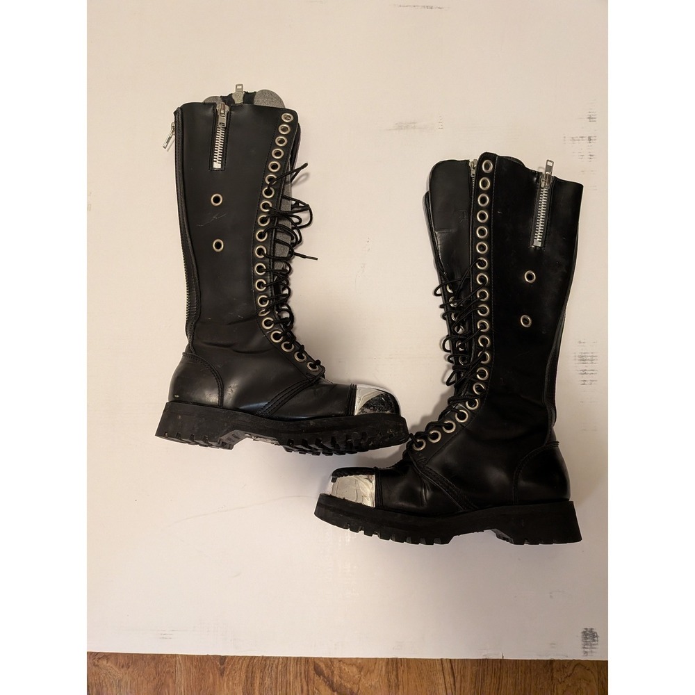 Vintage Demonia Pole Climber Boots - Steel Toe Cap- Black Leather - Lace Up/Zip